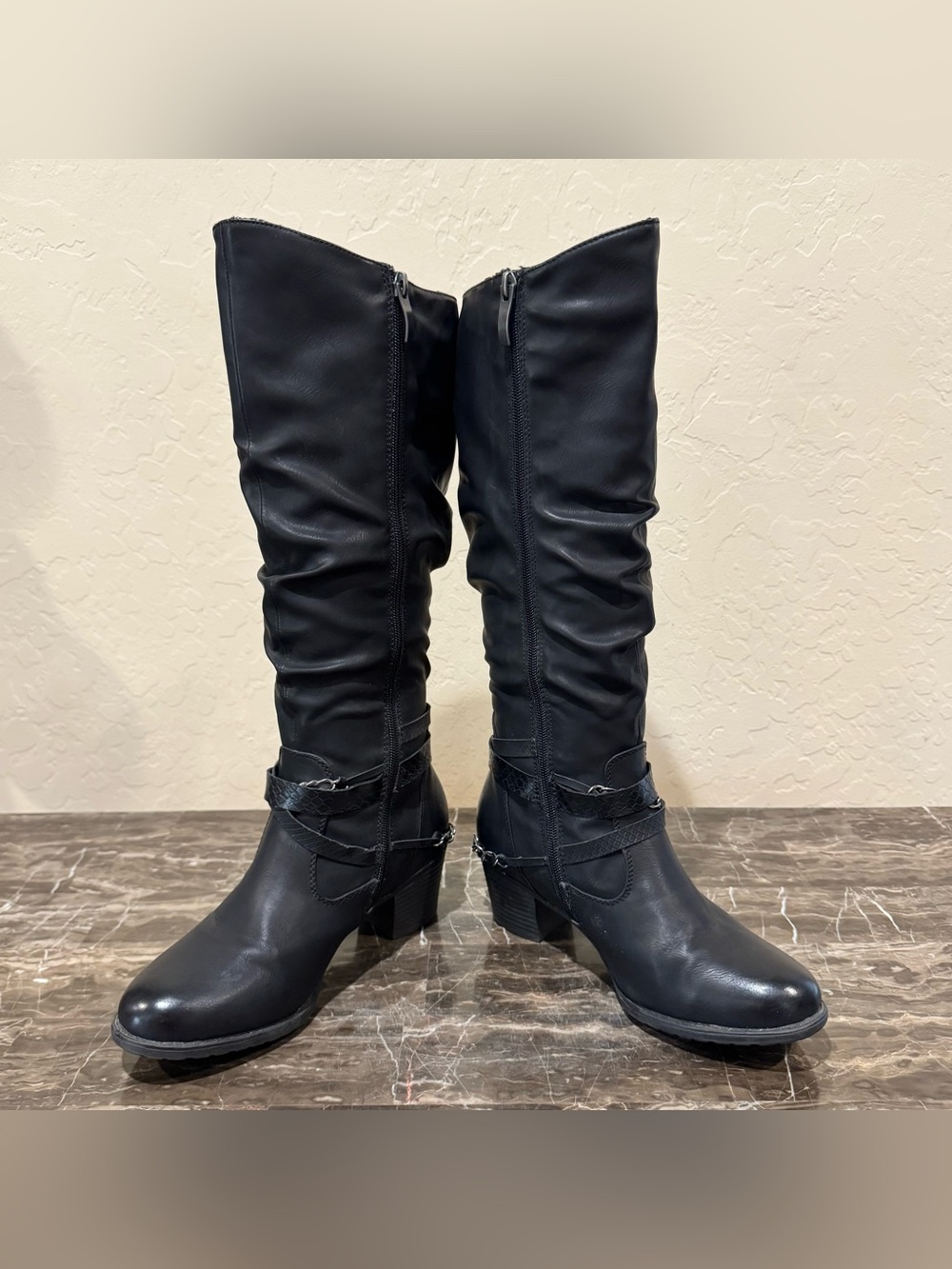 Spring Step Faux Leather Chain Belted Moto Riding Boots - Picture 7 of 12